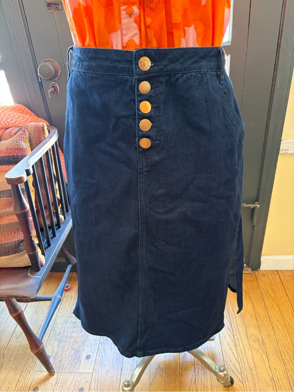 Dark Denim Button-Front Midi Skirt